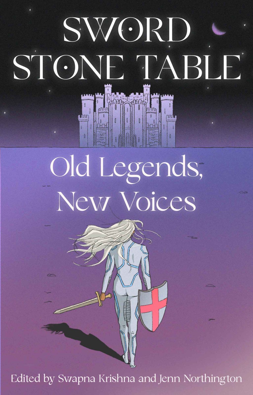 a woman with long streaming white hair and brown skin is wearing pale futuristic looking armor and carrying a sword and a shield with a red cross on it. she's facing away from the viewer and towards a castle in the distance. it's a night scene, and all in tones of purple and dark blue.